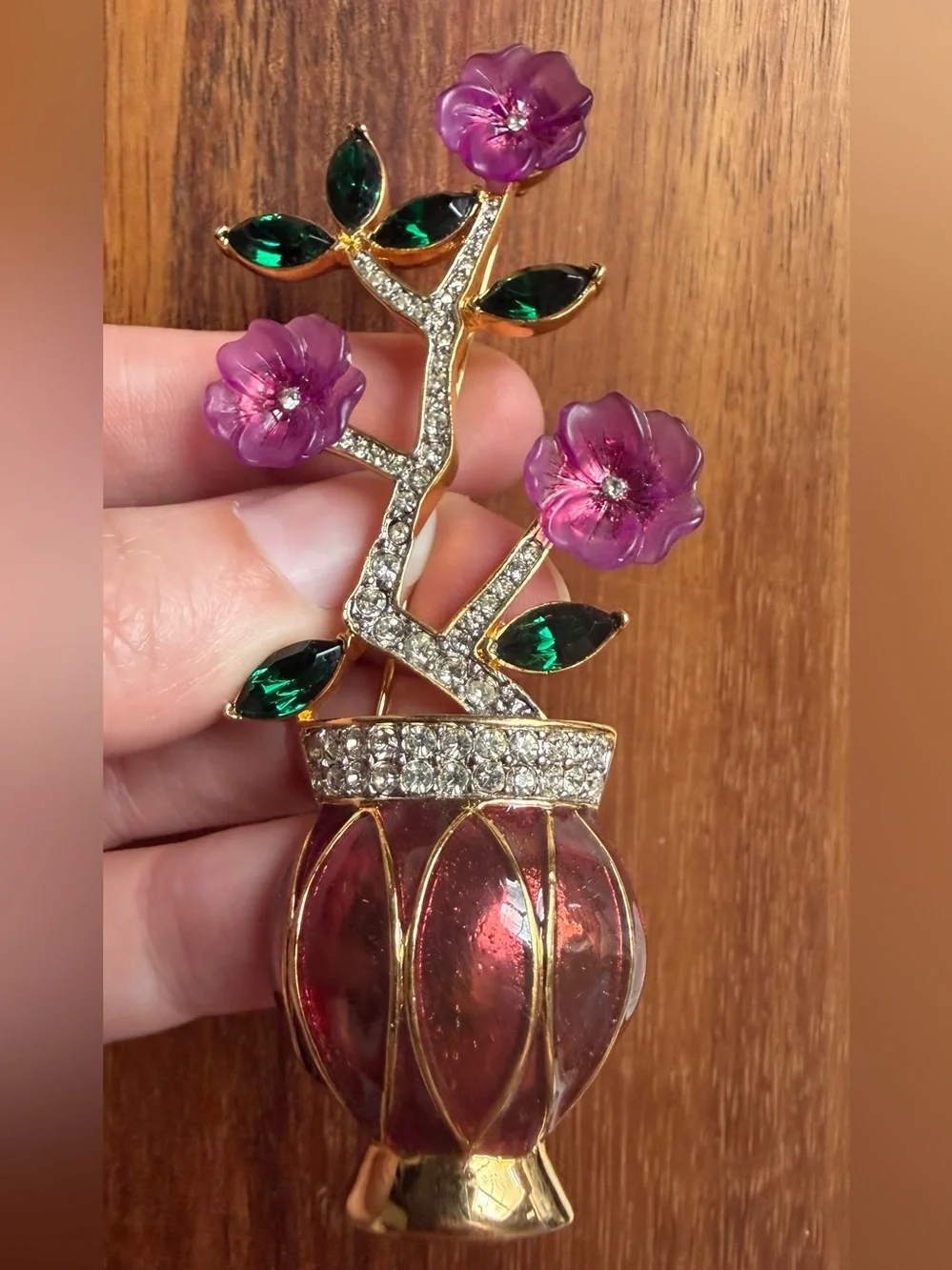 VTG Large Flower Pot Rhinestone Pink and Emerald Floral Vase Brooch Pin Gold
